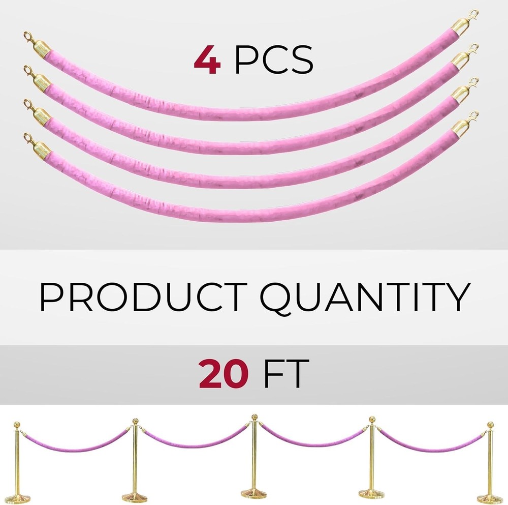 4 PCS Light Pink VIP Ropes Posts Twisted Snap Hooks Queue Crowd Control Stand