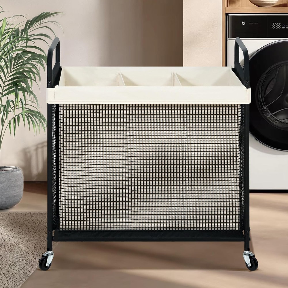 Laundry Hamper 3 Section 120L Rolling Laundry Sorter Cart W/ Removable &
