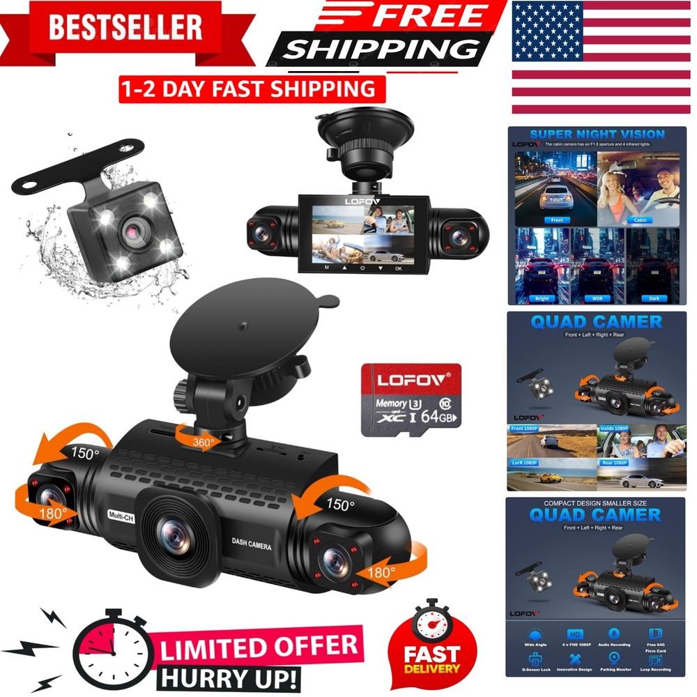 Complete 360° Dash Cam System - 4 Channels, G-Sensor, Easy Install, Night Vision