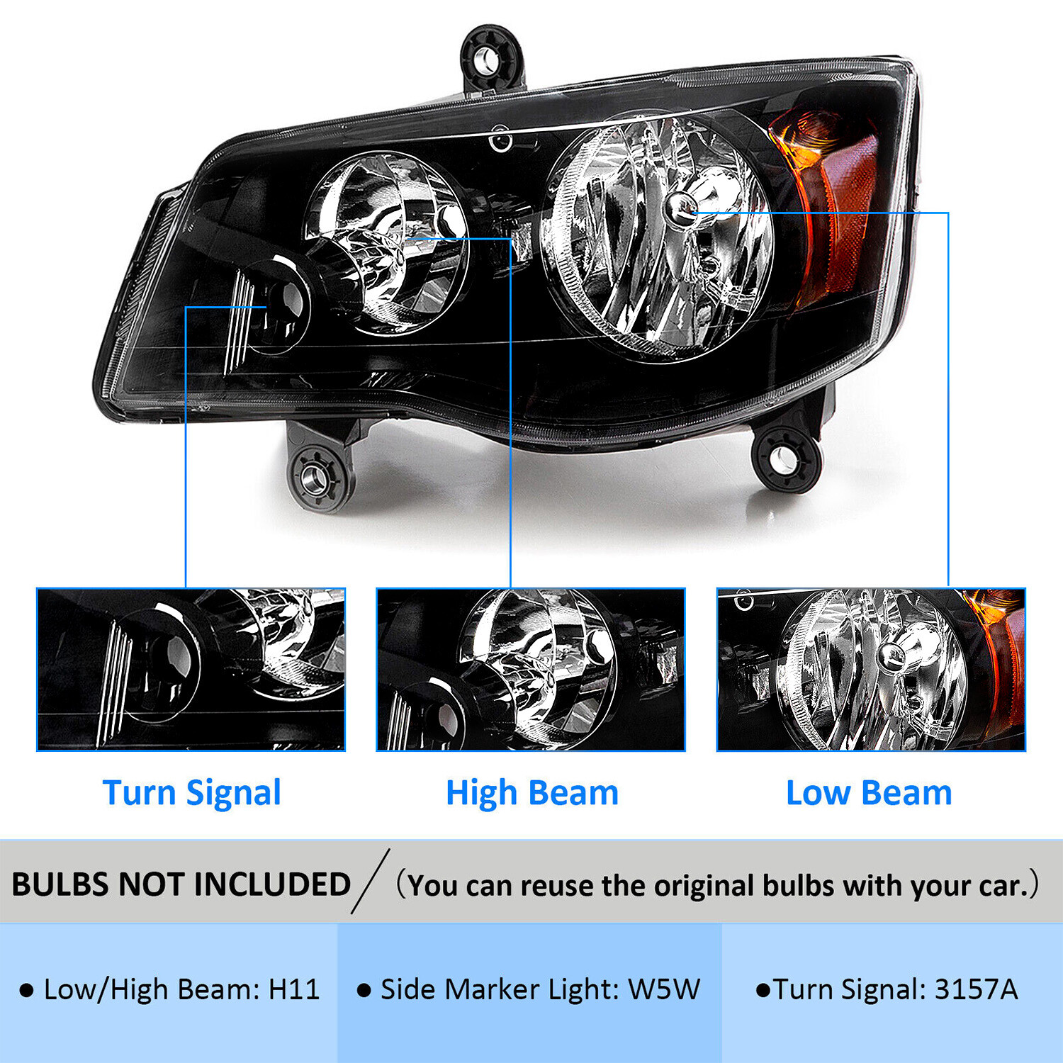 Headlights For 11-20 Dodge Grand Caravan 08-16 Chrysler Town&Country Black lamps