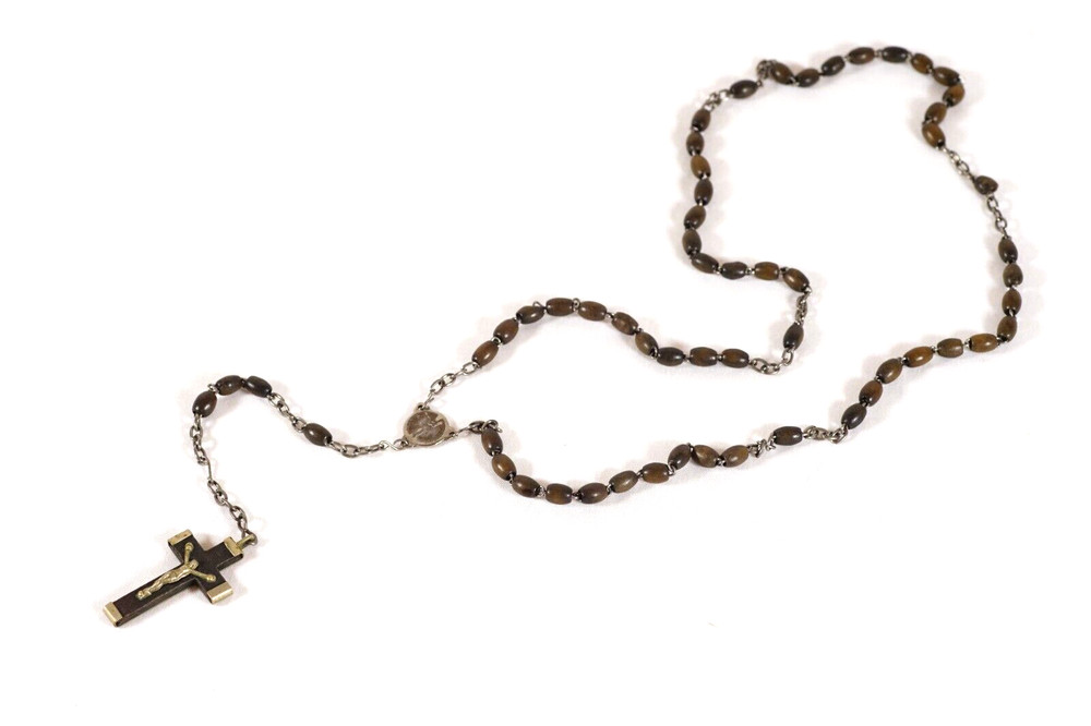 Antique Rosary France Catholic Brown Wood Beads Prayer 20" Missing Bead