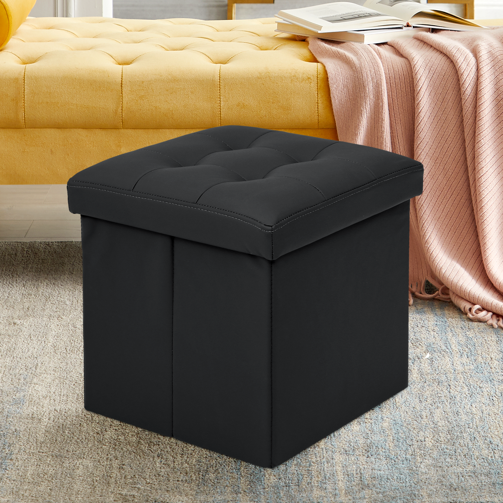 Black Faux Leather Storage Ottoman Classic Cube Seat Home Entryway Décor Benches