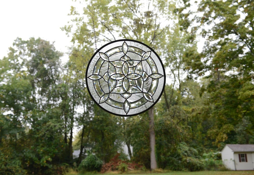 Handcrafted stained glass Clear Round Beveled window panel 21" Dia