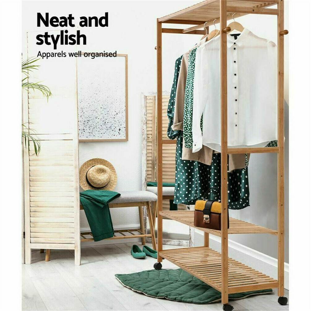 Bamboo Clothes Rail Rack Garment Storage Organizer Hanging Shelf On-Wheels DIY