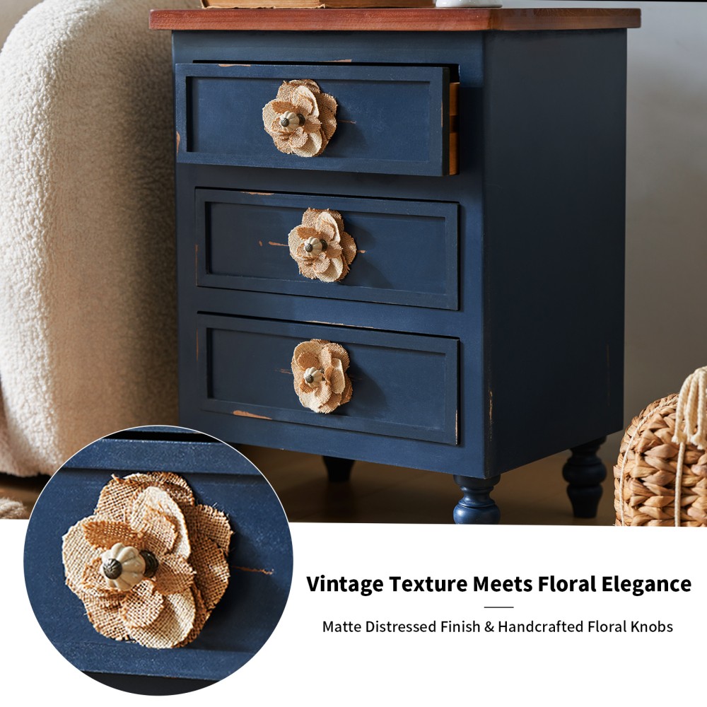 Side Table with Floral Knobs Three-Drawer Design Featuring Gourd-Shaped Legs