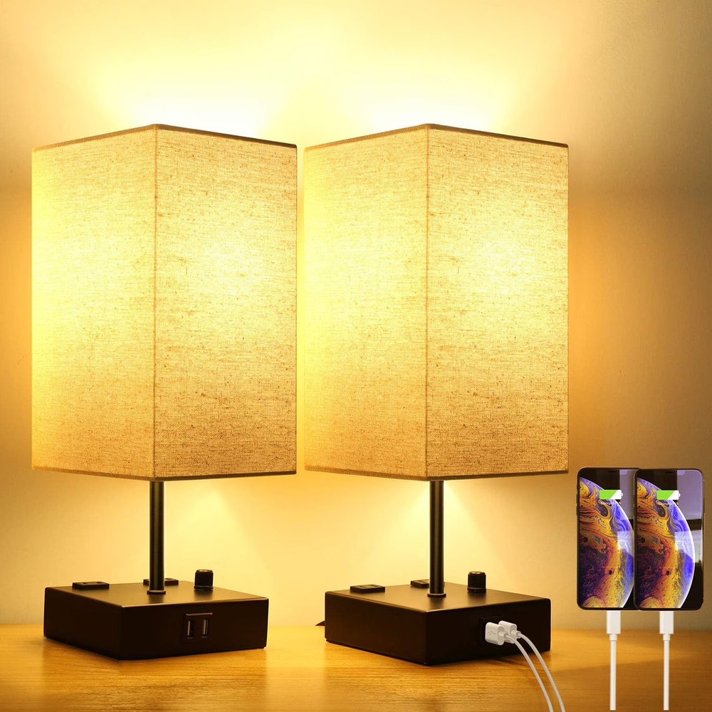 Nordic Hygge Fully Dimmable USB Bedside Table Lamp, 2 Pack