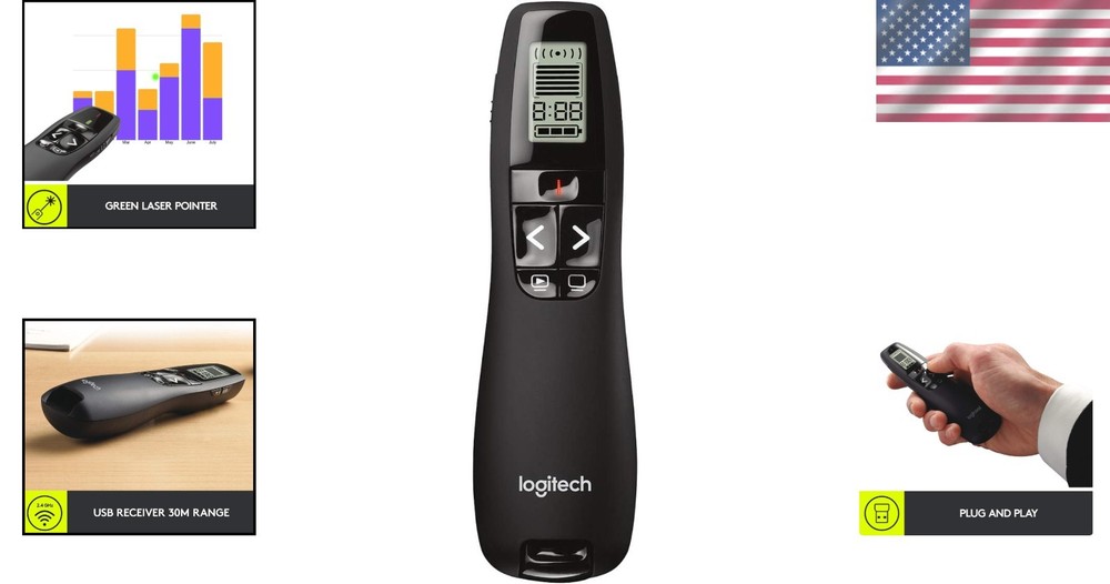 Logitech R800 Wireless Presenter, Green Laser Pointer, 100ft Range, LCD Timer