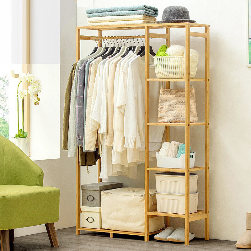 6 Tier Bamboo Garment Rack Storage Shelves Clothes Hanging Wardrobe Closet Stand