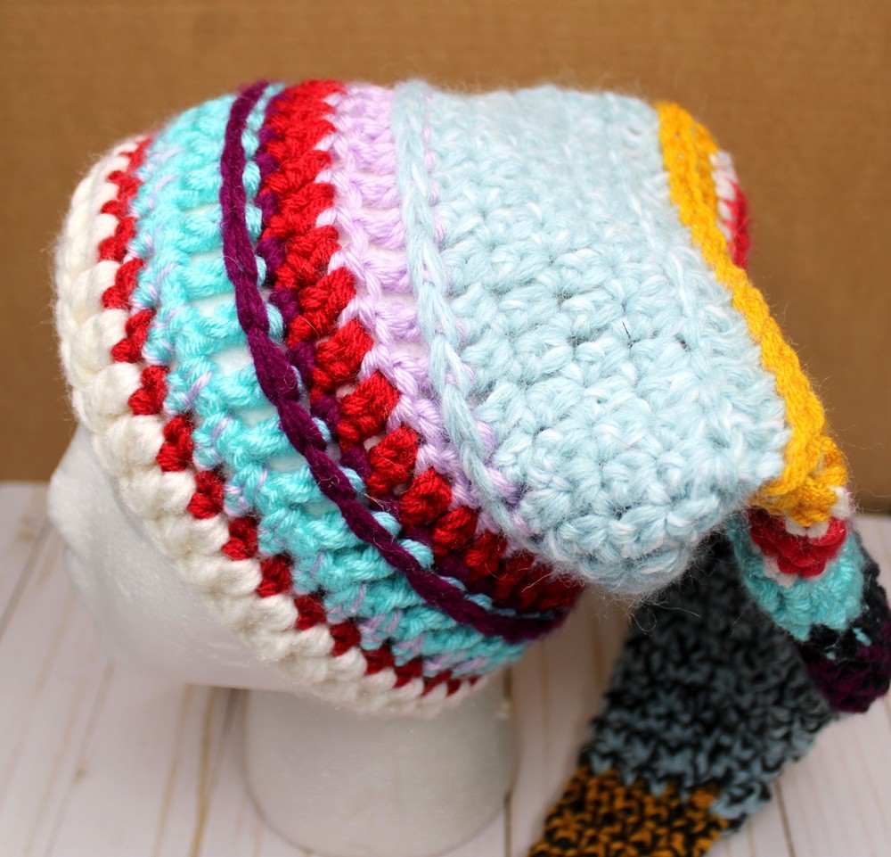 Hand Crocheted Multicolor Woold Blend Elf Hat Linear Design with Pom Pom