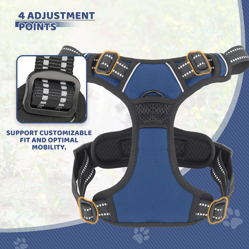 Padded Adjustable Control Pet Dog Harness Reflective Strips Navy Blue w/Handle