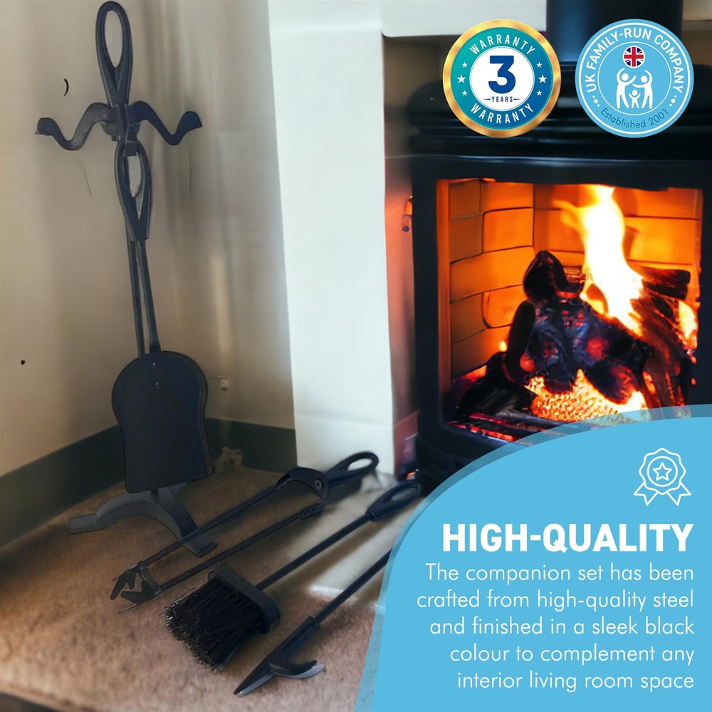 Large Five-piece metal black loop-handled Fireplace Companion Set