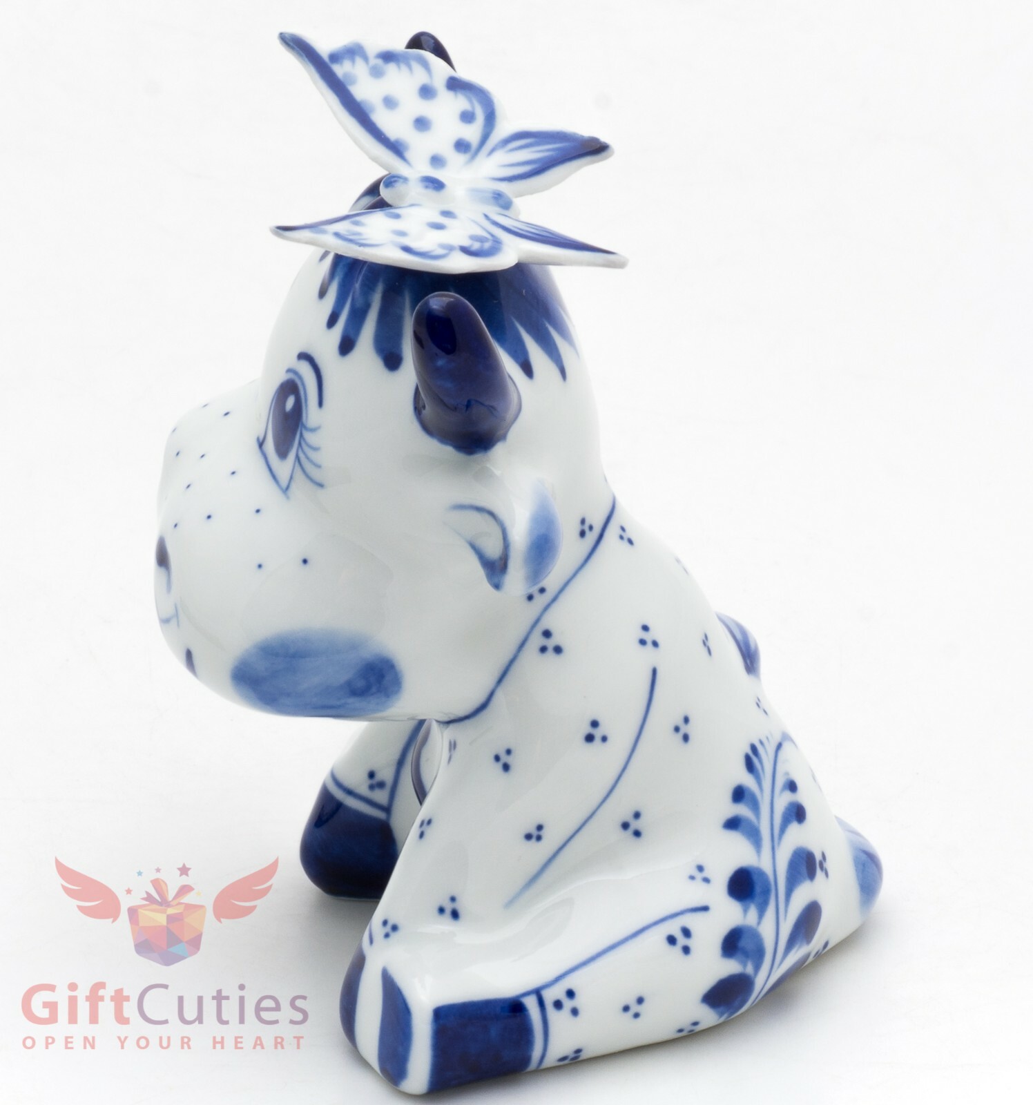 Bull calf cow Gavrusha with a butterfly collectible Gzhel Porcelain Figurine