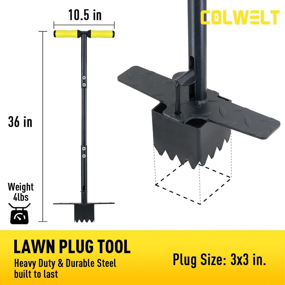 Sod Plugger Tool 36-INCH, Grass Plug Tool 3 X 3 Square with Serrated Base, Bulb