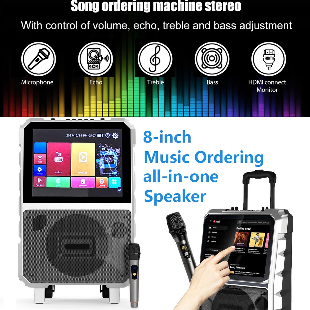 8” Woofer Bluetooth Speaker Karaoke Machine W/Wireless Mic LED Light 14" Tablet