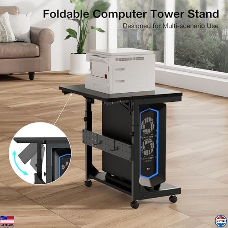 Height-Adjustable 2-Tier Computer Tower Stand with Rolling Wheels & Mouse Pad