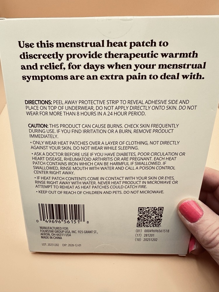 Menstrual Heat Patch Discreet Therapy Cramp Relief Odorless 1 Patch New