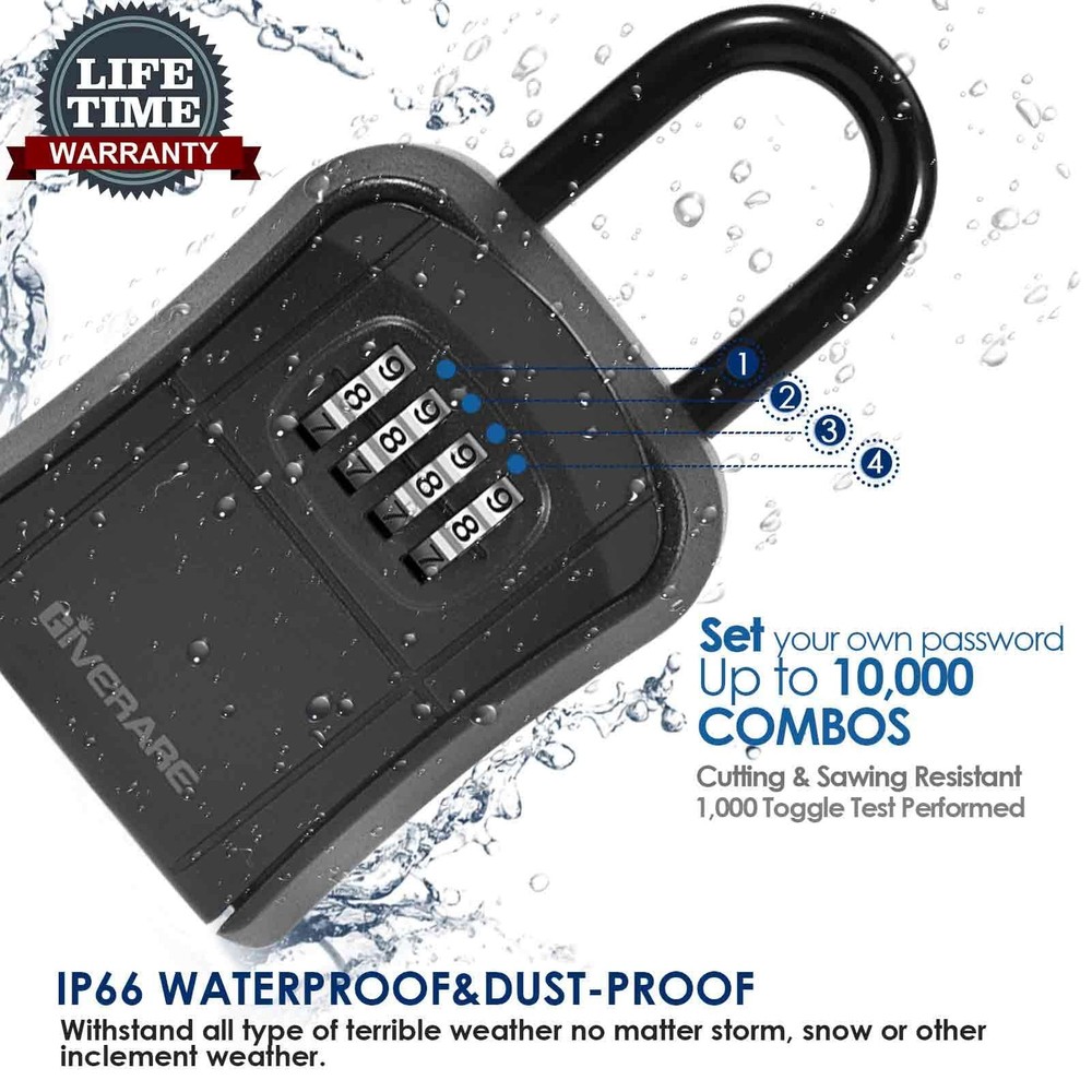 Key Lock Box, Wall Mount 4 Digits Combination Lockbox, Waterproof Black