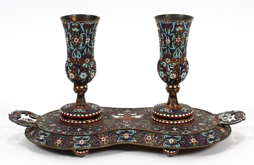 RUSSIAN KOKOSHNIK ENAMELED SILVER TRAY & CORDIALS