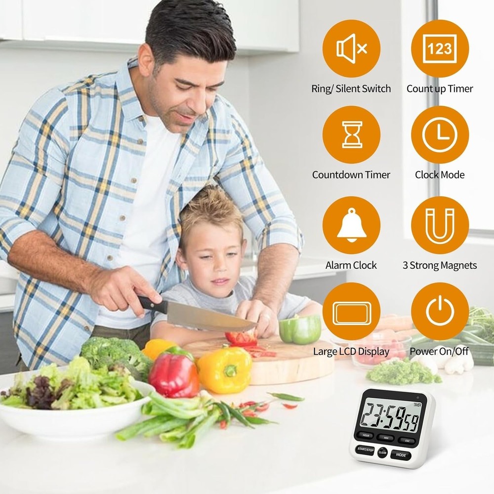 Digital Kitchen Timer 24 Hour Clock and Alarm Function with Silent or Alarm Manu