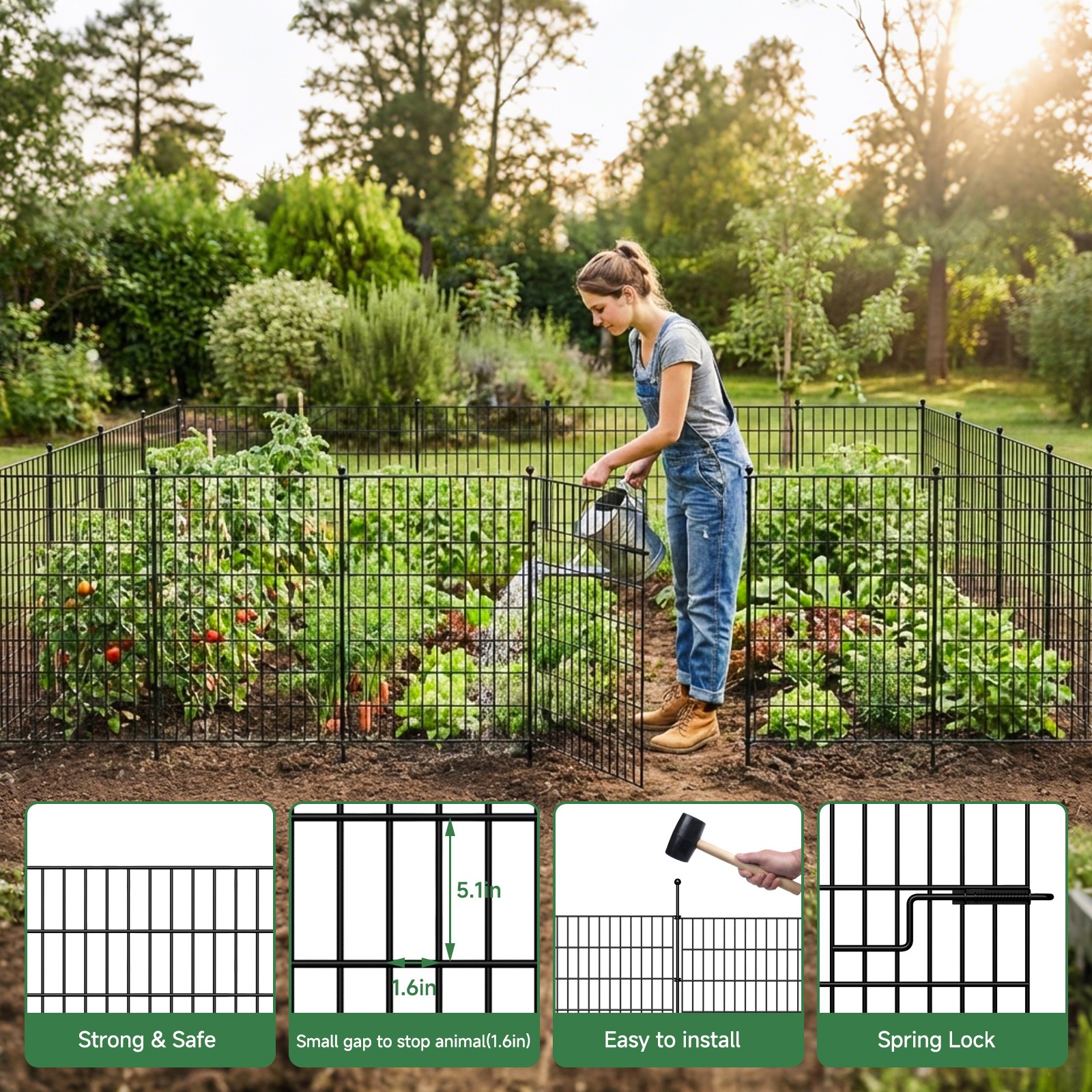 Decorative No Dig Garden Fence with Gate - 7/13 Panels for Pets & Yard 15/18 Ft