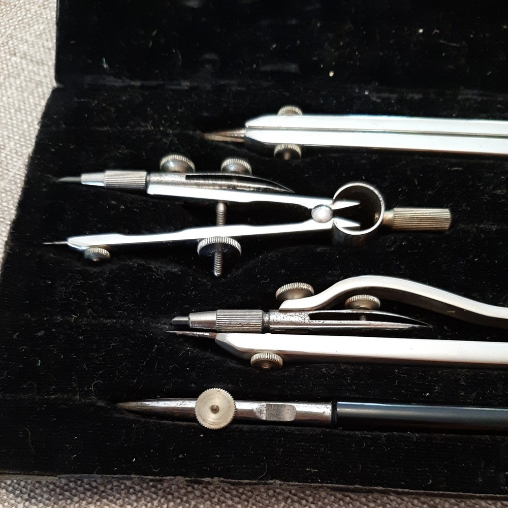 Vintage Antique Temple Compass Drafting Set Measuring Tools In Original Case