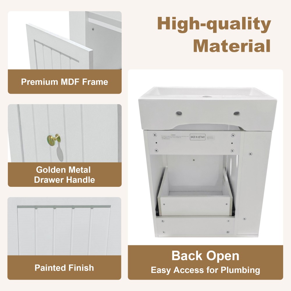 Bathroom Vanity with Ceramic Sink Includes Drawers and Side Shelves