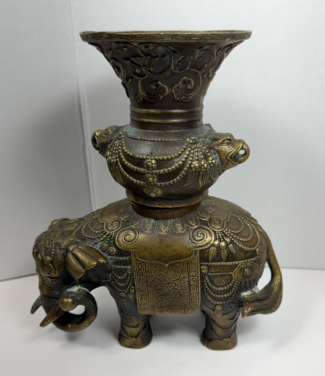 Vintage Chinese Bronze Elephant Censer Incense Burner Vase 7.5” Tall Heavy