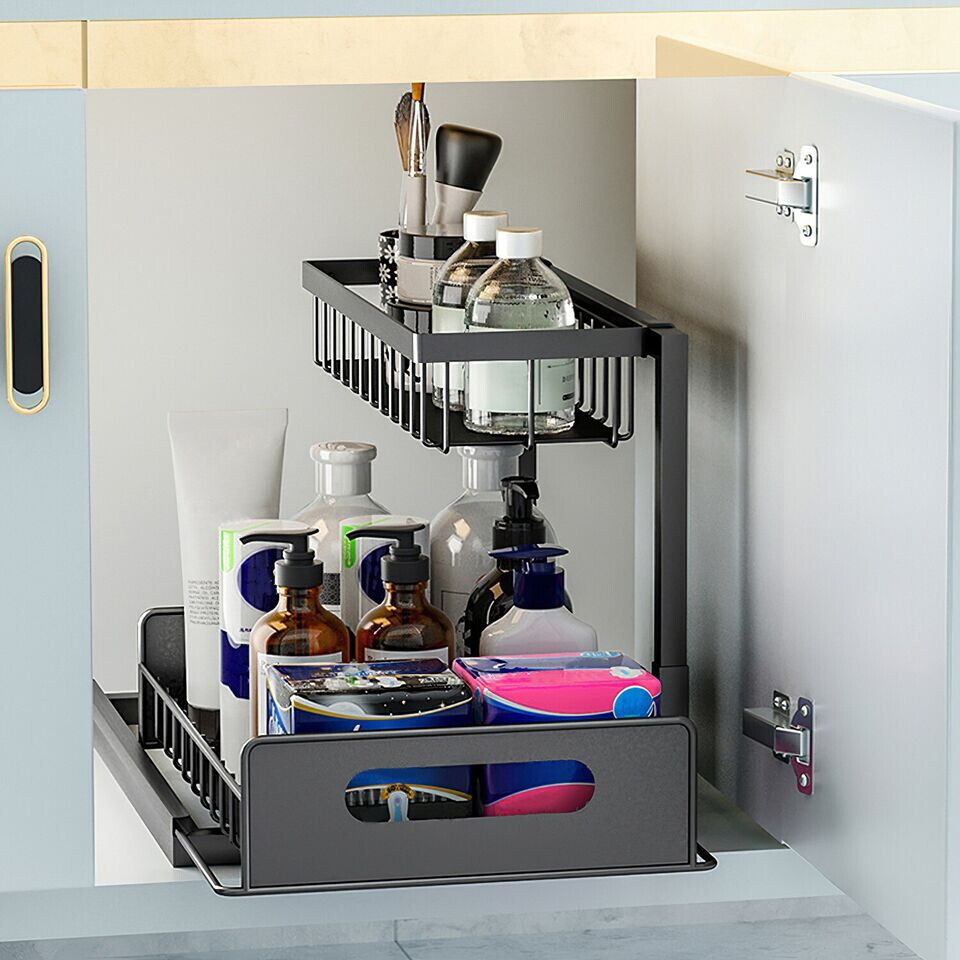 2 Tier Under Sink Pull-out Drawer Storage Shelf Organizer kitchen bathroom Cabin