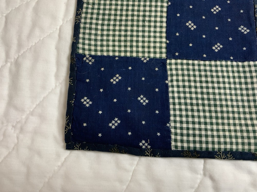 Vintage Patchwork Quilt Table Topper, Early Calicos, Four Patch, Navy, Green