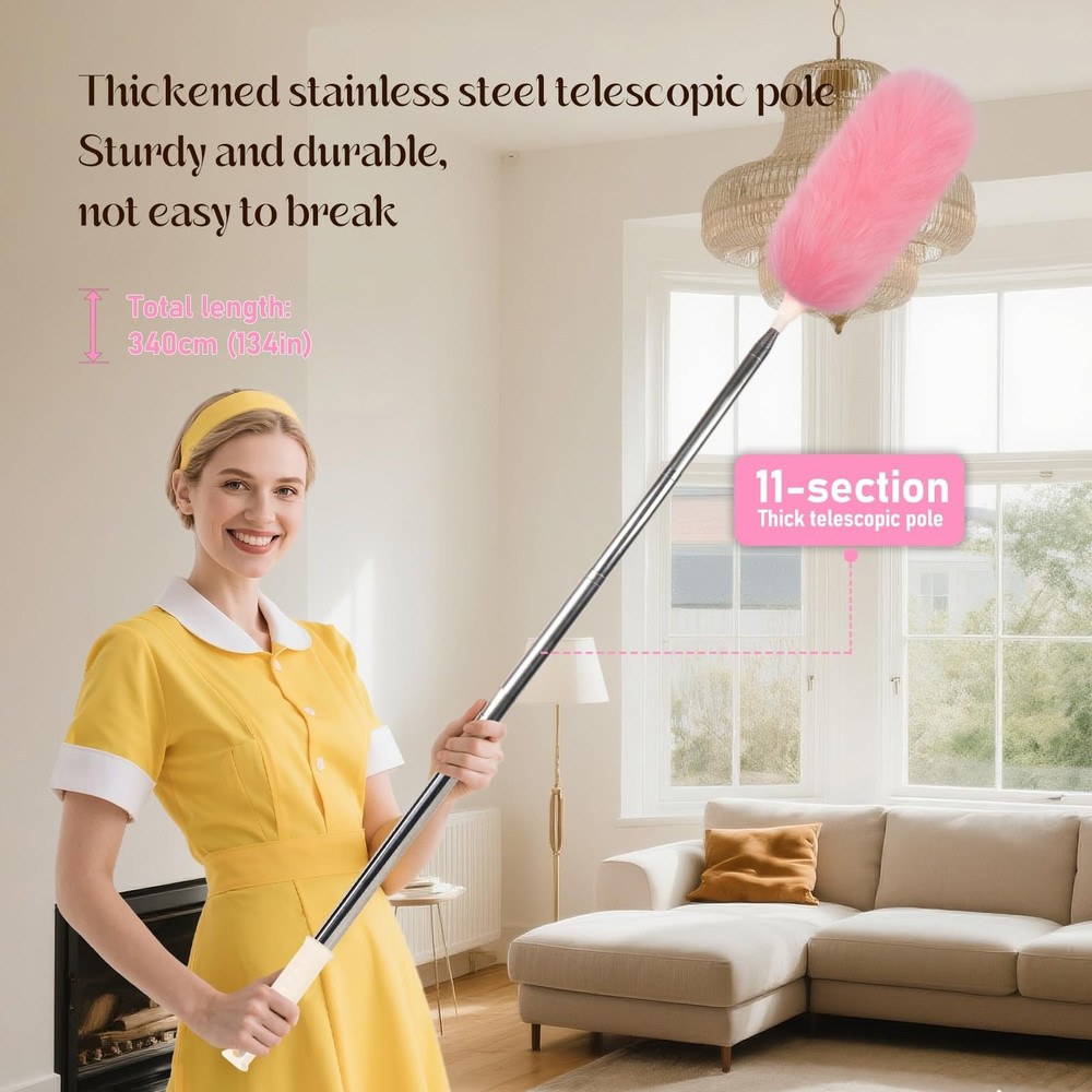 Extendable Lambswool Duster Stainless Steel Handle 133" Removable Feather Dus...