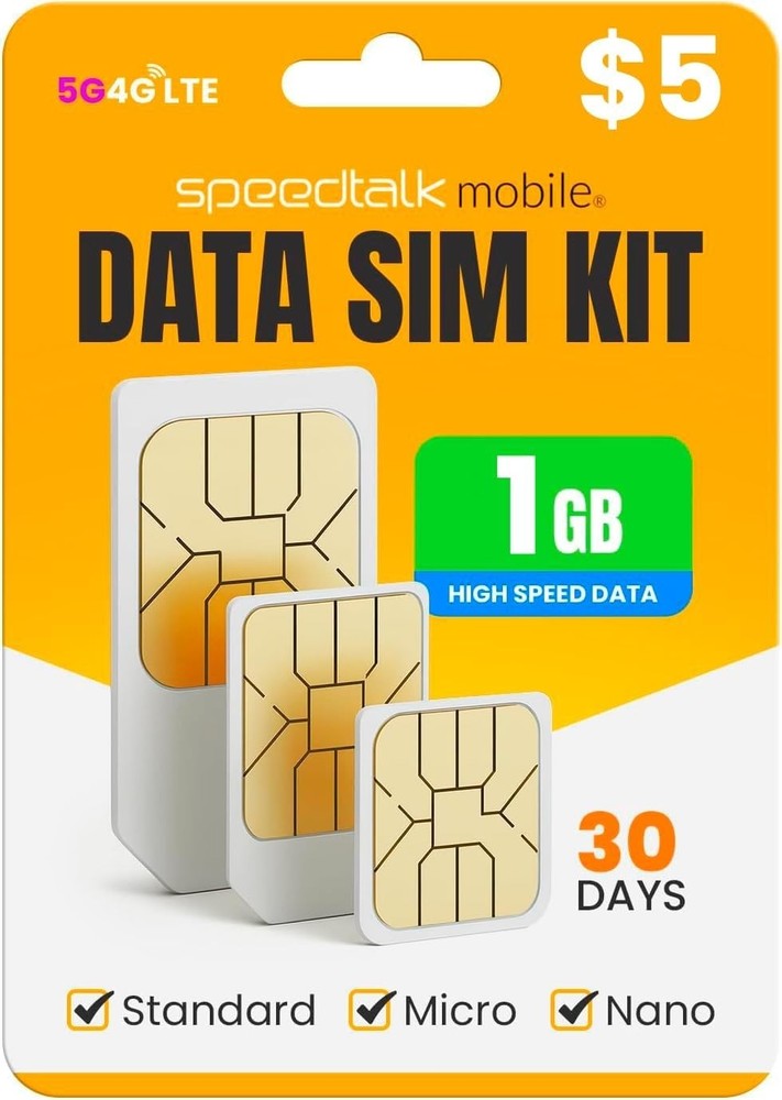 Data SIM Card Kit - 1GB 4G LTE Internet with No Contract & Live Support Access