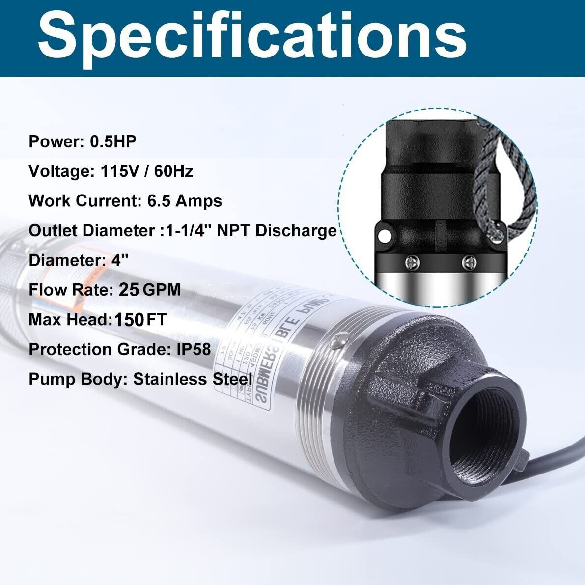 4'' Deep Well Submersible Pump,1/2HP, 110V, 25GPM, 150FT Hmax w/Control Box