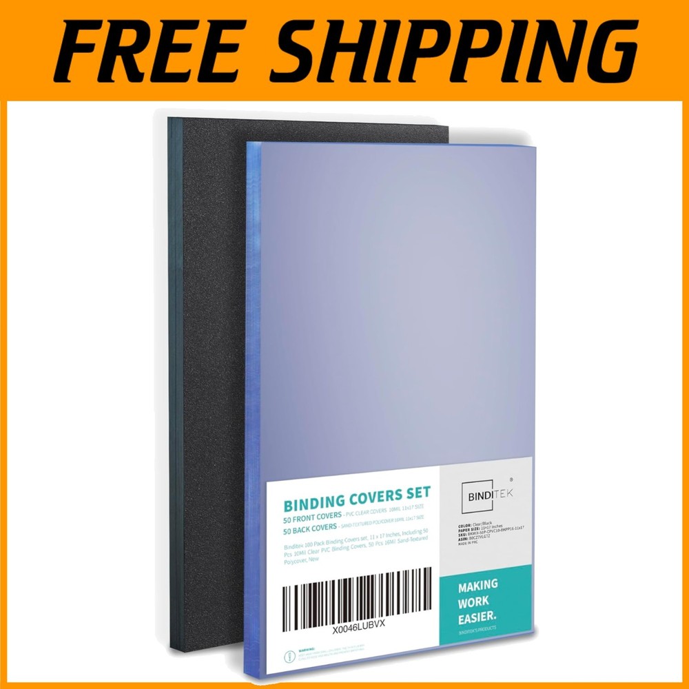 100 Pack Binding Covers Set, 11x17 Tabloid, Clear & Sand-Textured, UL Certified