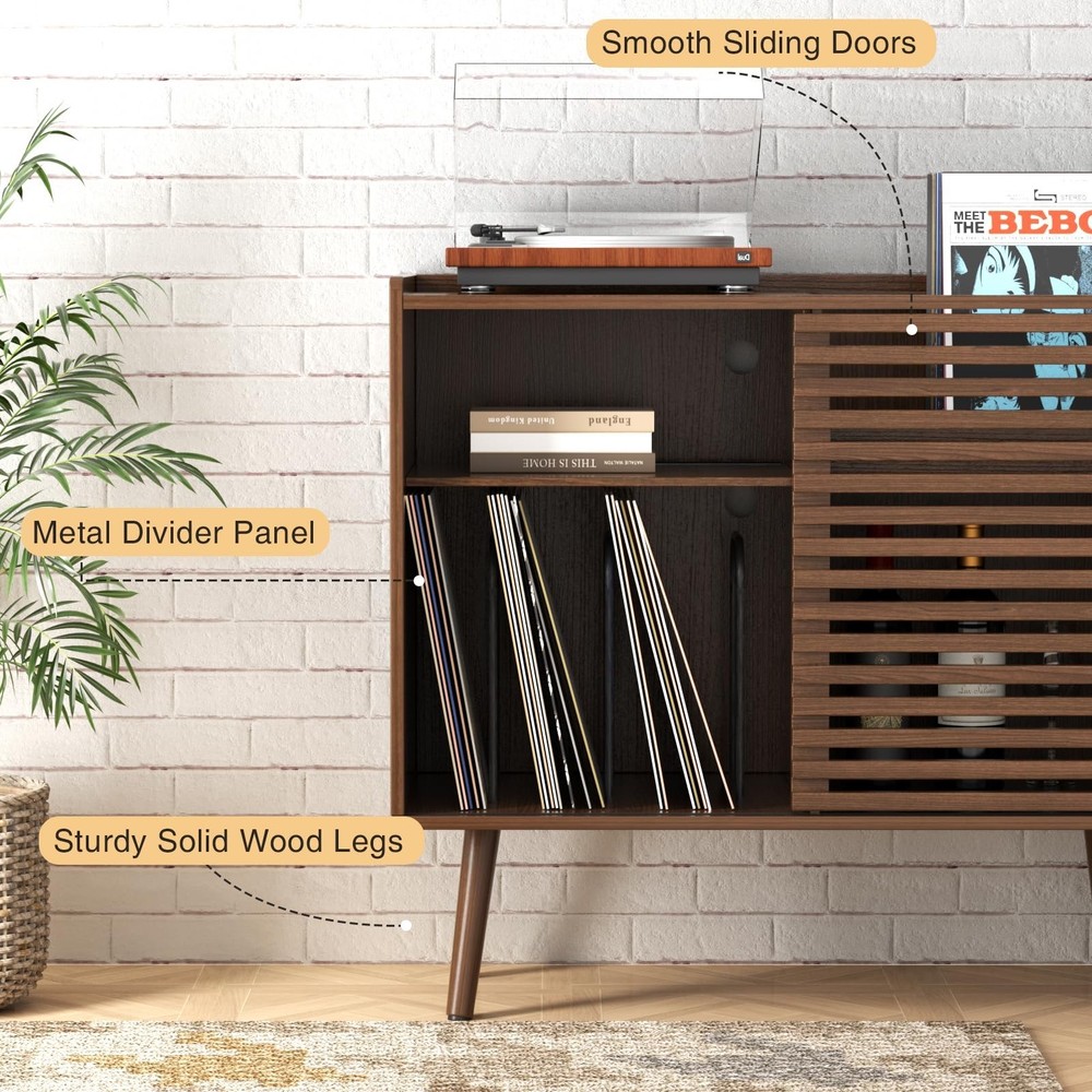 Medieval modern record player stand, featuring a socket and sliding door design.