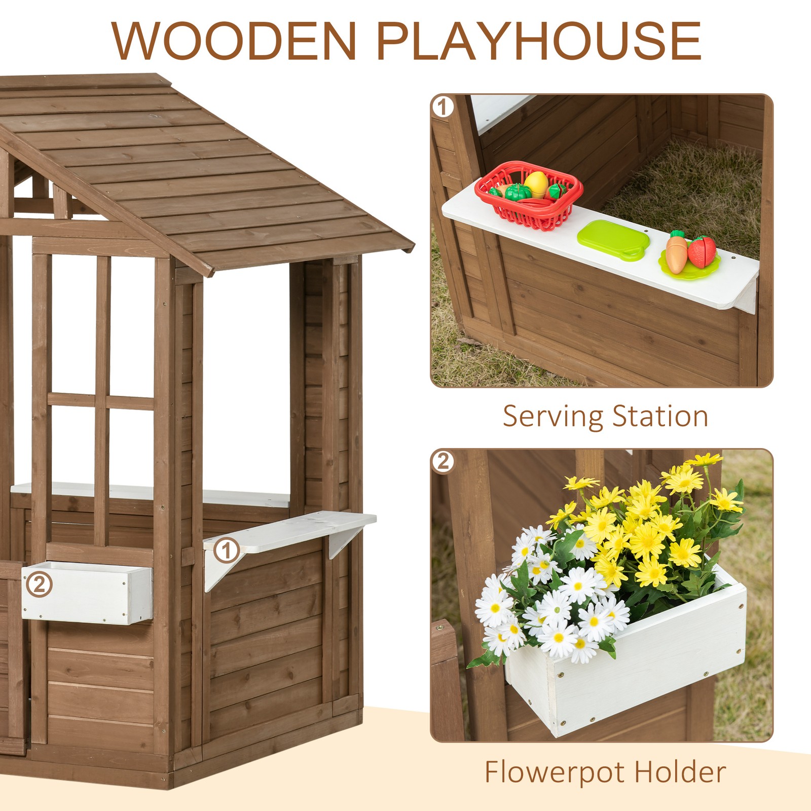 Wooden Kids Playhouse Outdoor with Door Window Flower Pot Holder Yard Garden Toy