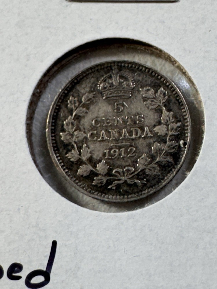 1912 Canada 5 Cents Silver Coin Cleaned
