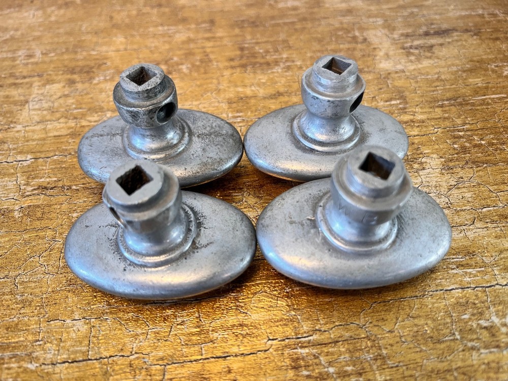 4) Vintage Silver Cast Aluminum Oval Stair Step Art Deco Pattern door knobs