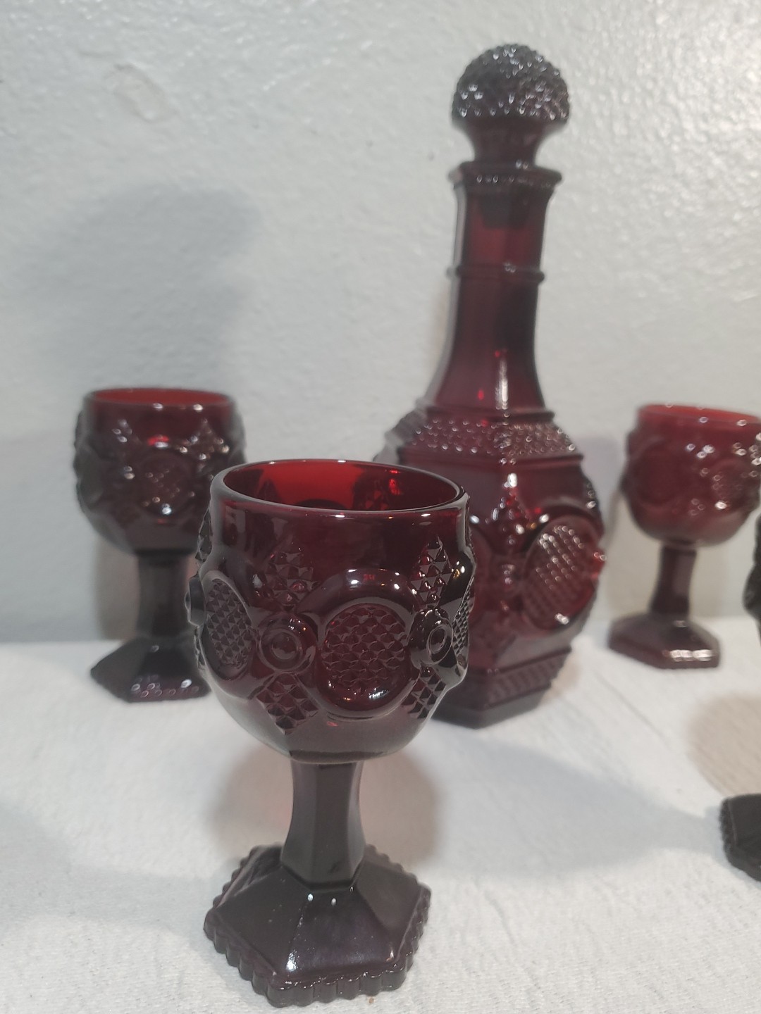 VTG Avon Decanter 4 Small Goblets 1876 Cape Cod Ruby Red Glass Victorian Gothic
