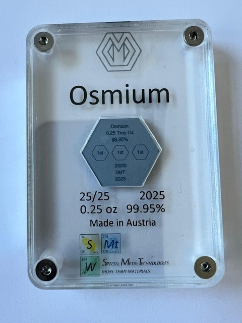 2025 Hexagonal 0.25 Troy Oz bar of Osmium, Mintage of 25!