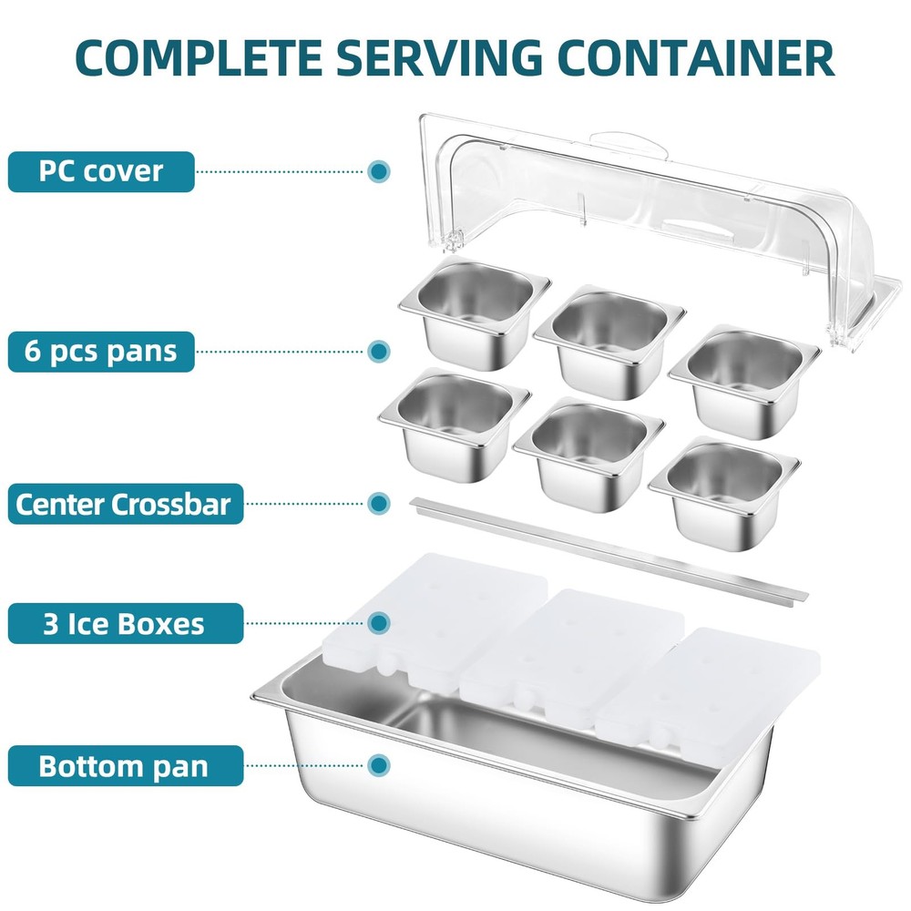 Cold Serving Tray, 6 Pans Ice Cooled Condiment Dispenser Serving Container, F...