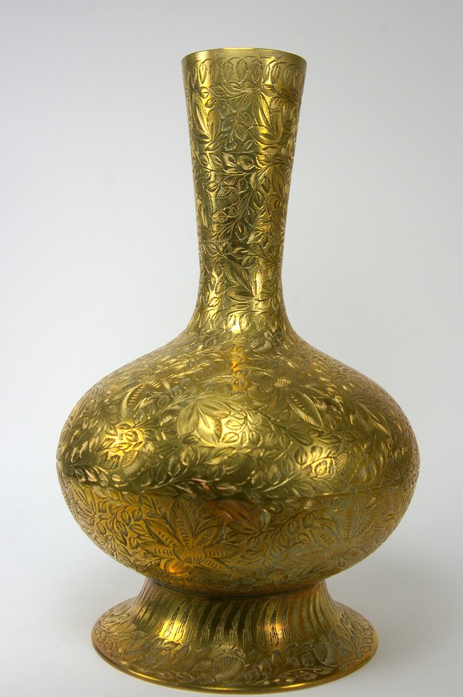India Brass Vase Floral Etched