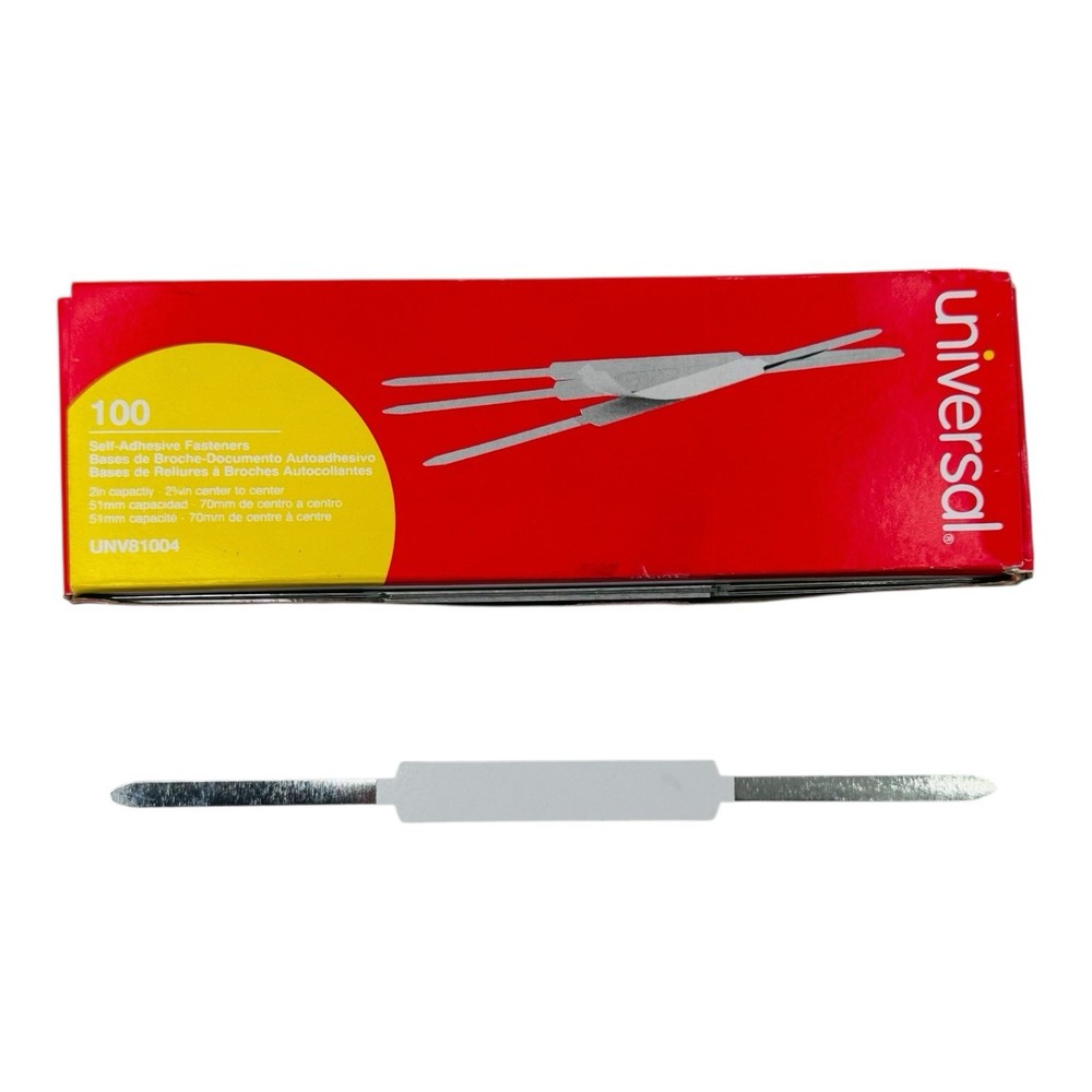 100 Count Universal Self-Adhesive Two-Prong Paper Fastener Base 2" Cap.