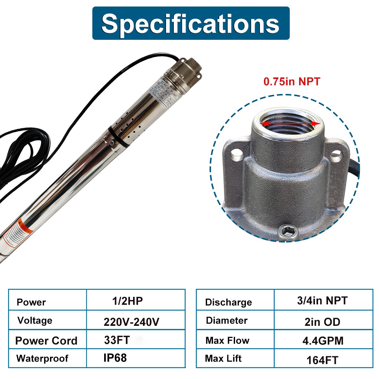 2" OD 1/2HP Deep Well Submersible Pump 164ft Hmax 230V 4.4GPM 33ft Cord