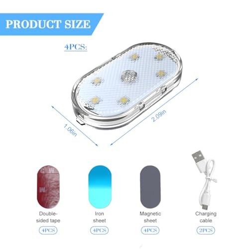 4PCS Car Interior Wireless Led Lights, 6 Bright LED Lamp Touch Control Blue