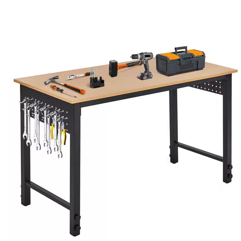 47.24 In. W X 21.65 In. D Adjustable Black Steel Workbench Table with Tool Hooks