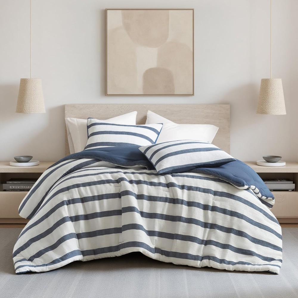 Essentials Striped Comforter Set King Size, Yarn-Dyed Reversible Comforter wi...