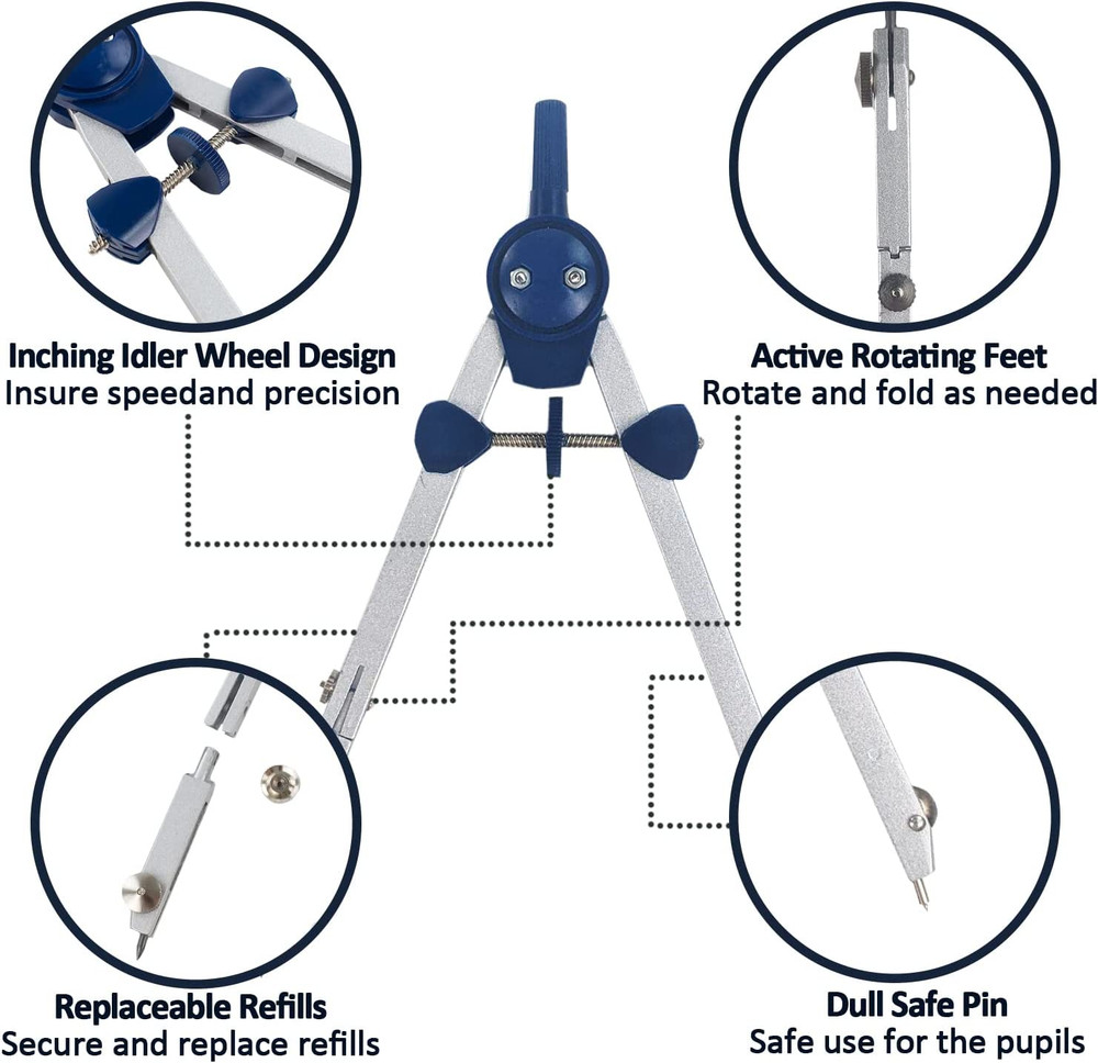 7-Piece Geometry Set - Metal Compass with Wheel and Lock - Precision Drawing Com