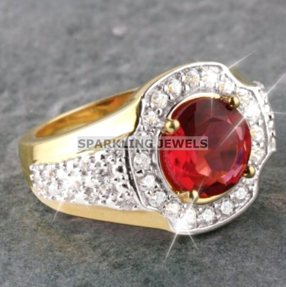 VVS Garnet Round Cut With 14K Solid Gold Ring For Men #C205