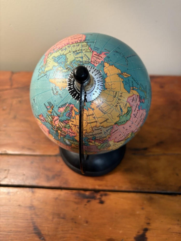 Small World Globe Rotating Wood Base Colorful Den Decor