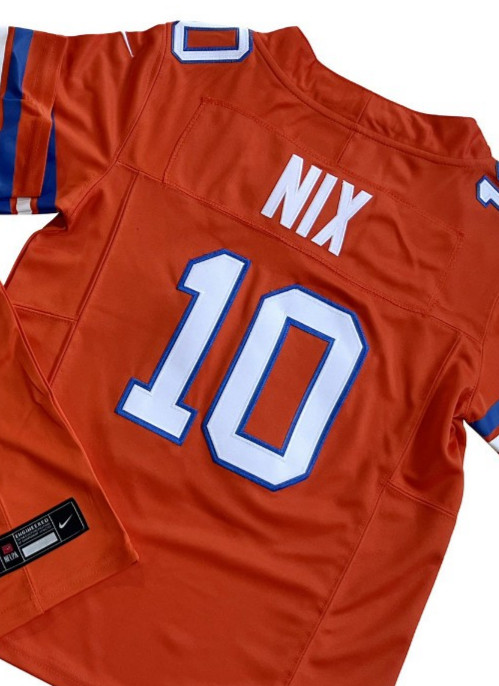 ​​Tariffs​ Free! YOUTH'S Broncos #10 Bo Nix FUSE Throwback Orange Sewn Jersey.